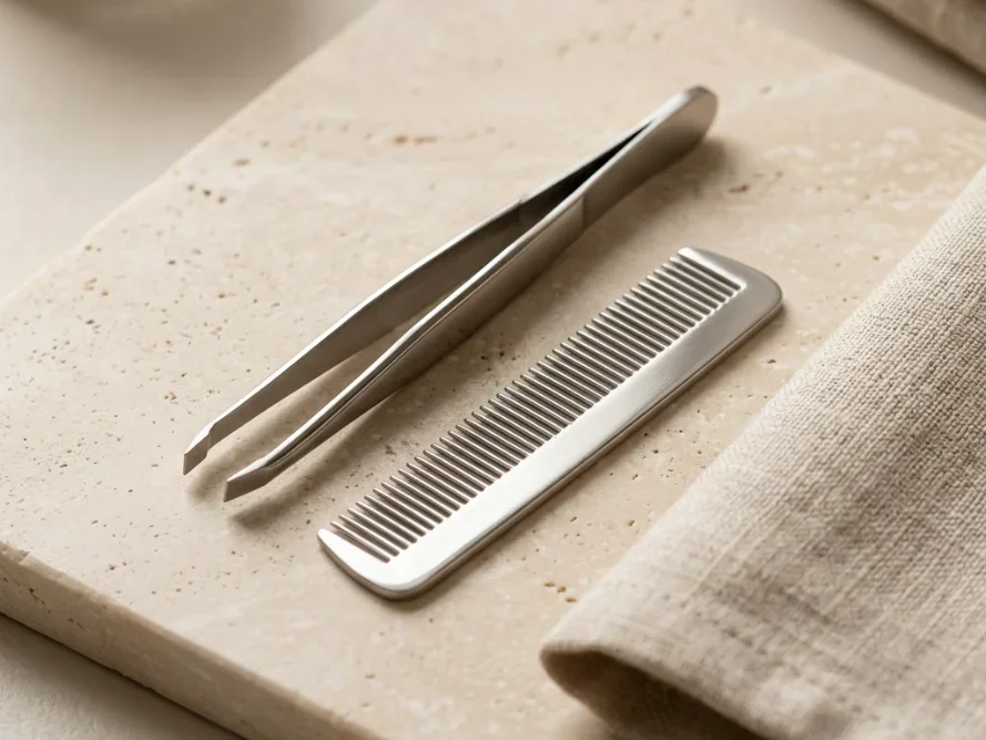 A barber's tools arranged neatly on a wooden counter in warm light